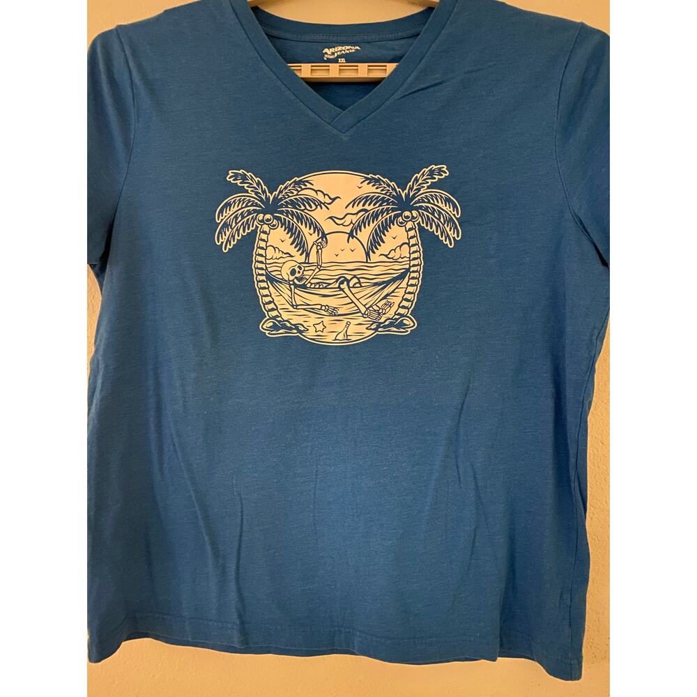 Tropical Skeleton in a Hammock Palm Trees Bright Blue Arizona V-Neck T-Shirt 2XL